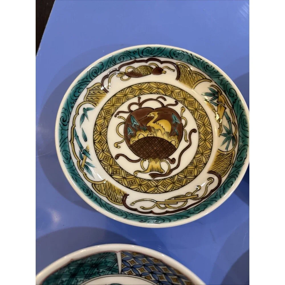 Japanese Kutani Ware Ko Kutani 5 Plate Set Birds Floral Original Box